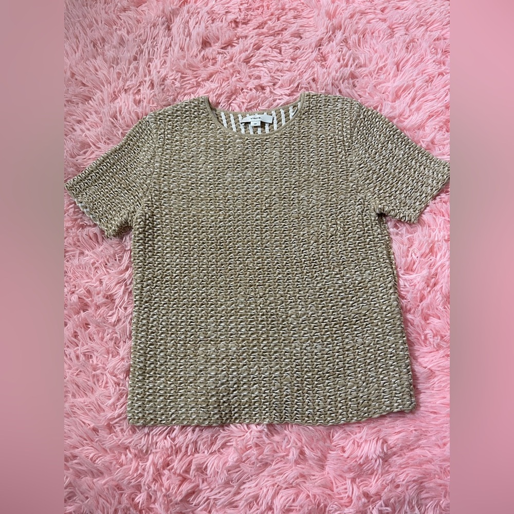 Vince Textured Short Sleeve Stretch Sweater Gold Tan Heavy Knit Size Small
